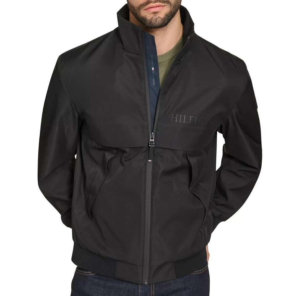 TOMMY HILFIGER Bomber Jacket Mens Large Black Tech Water Wind Resistant $175